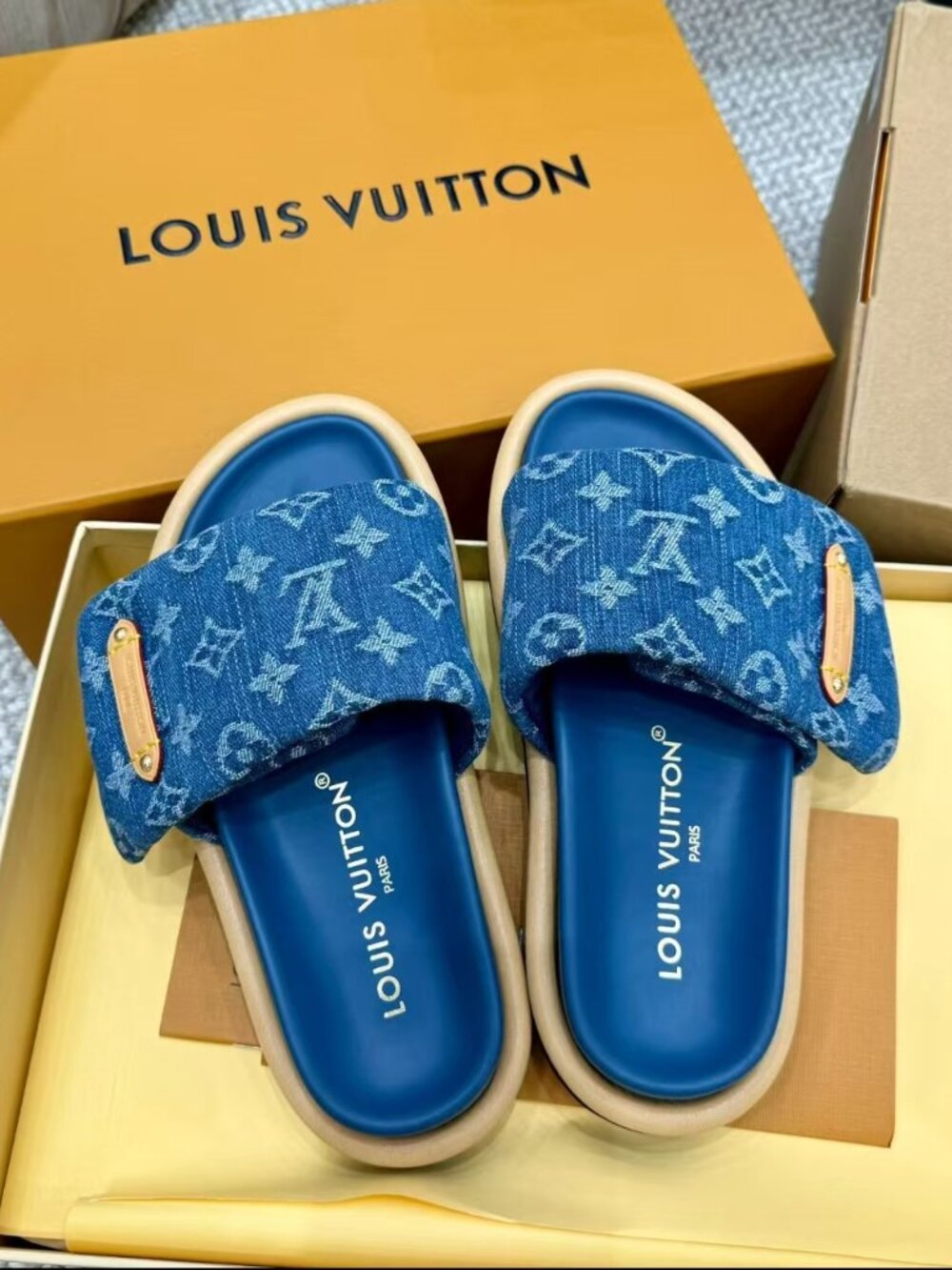 Louis Vuitton Blue Monogram Jacquard Denim Wide Strap Platform Slide Sandals View 2